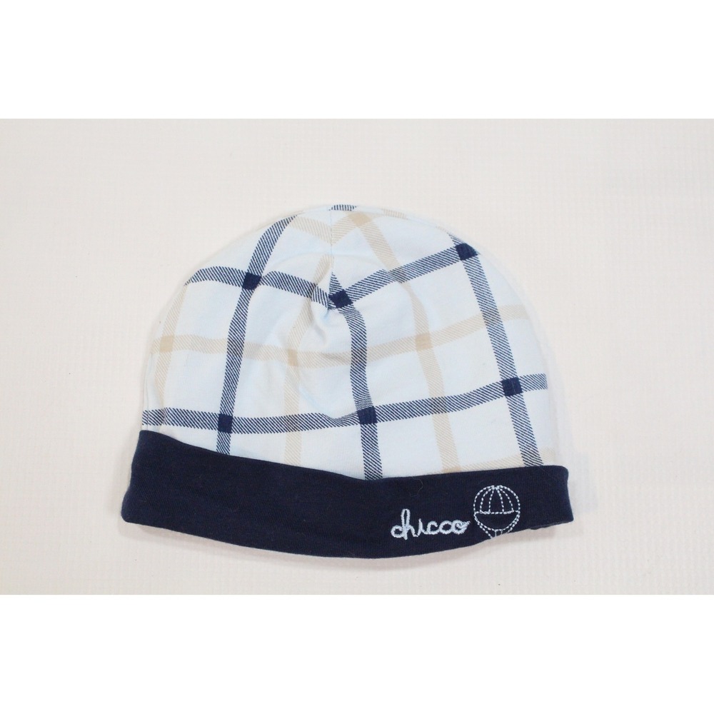 Chicco Baby Beanie Hat Plaid Blue Navy Tan Embroidered Logo 1-3 Months TS102